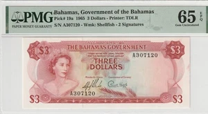 Bahamas 1965 3 Dollars Pick 19a PMG Certified Banknote Gem UNC 65 EPQ TDLR - Picture 1 of 2