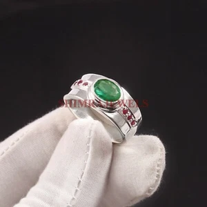 Natural Green Onyx & Ruby Gemstone with 925 Sterling Silver Ring for Men's #843 - Picture 1 of 4