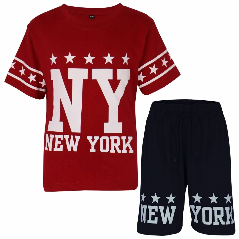 Bambini Ragazzi T-Shirt Pantaloncini 100% Cotone Ny New York Top Corto Set 5-13 - Immagine 1 di 1