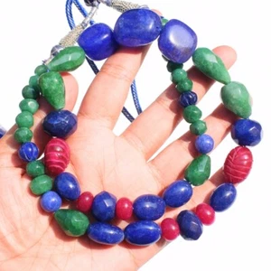 550 Cts Earth Mined Enhanced Ruby, Emerald & Sapphire Beaded Necklace NK-07E255 - Picture 1 of 6