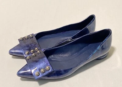 Delman 石板蓝色破旧尖头平底漆女鞋 6M 西班牙制造 — 第 1/4 张图片