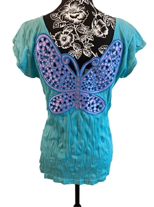 Mink Butterfly T Shirt Shimmer Embroidered Cutout Crinkle Style - Picture 1 of 11