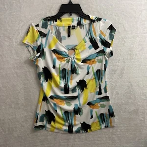 Milano Womans Blouse Top Multicolor Geoewmtric Medium Polyester Short Sleeve - Picture 1 of 7