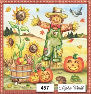 (457) TWO Individual Paper LUNCHEON Decoupage Napkins SCARECROW AUTUMN PUMPKINS - Picture 1 of 3