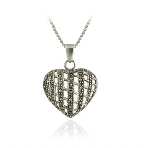 925 Silver Marcasite Woven Puffed Heart Pendant - Picture 1 of 3