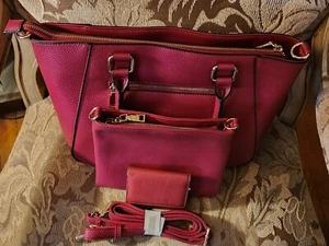 Bass Cranberry Red Satchel Bag/w Matching Clutch And Billfold, Adjustable Strap - Picture 1 of 24