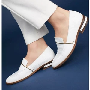 Freda Salvador Bracelet Loafers White Croc Embossed Brass Halo Detail Size 7  - Picture 1 of 16