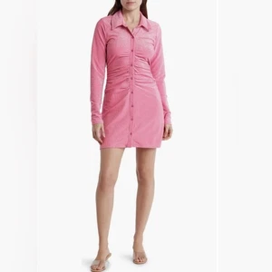 Neu mit Etikett $ 130 Good American glitzerndes rosa Minikleid Langarm Knopfleiste gerafft L - Bild 1 von 20