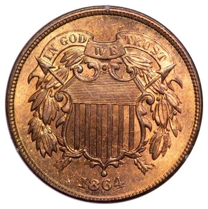 1864 2C Large Motto Two Cent Piece PCGS Rattler MS64RB (CAC) - Picture 1 of 3