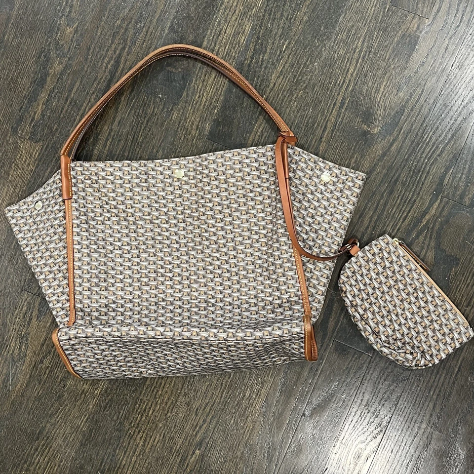 Bolso de Mano J.McLaughlin Algodón Sarga Marrón Borde Cesta Tejido y Bolsa Ecuestre Foto 1 de 4