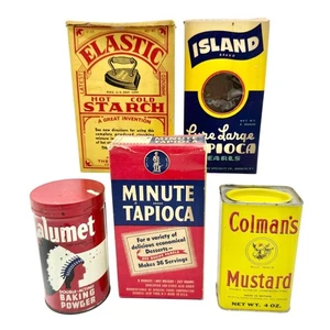 Set Of 5 Vintage Collectible Tins and Boxes Starch Tapioca Baking Powder Mustard - Picture 1 of 6