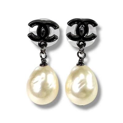Pendientes Chanel Perla Gota Logo Marca Coco Negro 3cm Auténticos Vintage 3cm Foto 1 de 4
