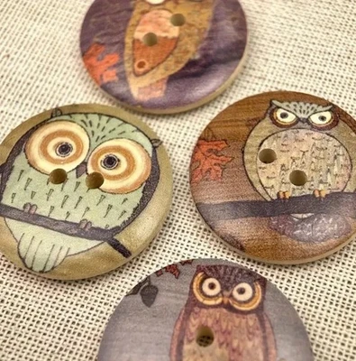 4 PC C.C. Louise Wooden Two-Hole Wood Buttons Owl 30MM Wide New Free Ship B8007 - Image 1 of 2