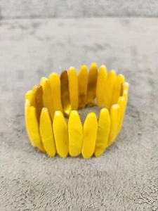 Yellow Dyed Mother of Pearl Shell Bracelet Cuff Stretch Negative Protection - Picture 1 of 4