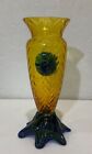 Vintage Czech Glass Art Vase Translucent Gold Zig-Zig Design Footed Prunts 6" H