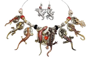 Claire Kern Creations 8 Vintage Lizards Family Necklace Earrings One of a Kind - Picture 1 of 9