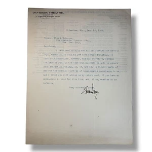 1905 Sherman Brown Manager Davidson Theatre Milwaukee Signed Performance Letter - Picture 1 of 2