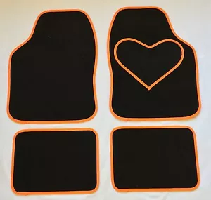 BLACK CAR MATS WITH ORANGE HEART HEEL PAD FOR PEUGEOT 1007 106 107 108 206 207 - Picture 1 of 1