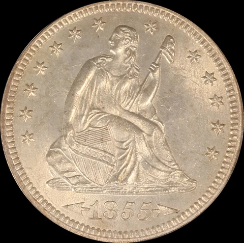 1855 25C Seated Liberty Quarter w/ Arrows PCGS MS63 OGH Cover