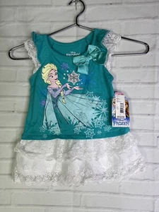 Disney Frozen Elsa Blue Green Bow Lace Trim Tunic Top Girls Size 4 NEW - Picture 1 of 6