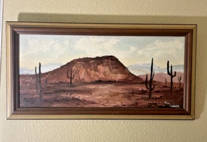 Original Landschaft Ölgemälde auf Holzbrett signiert Vintage Rahmen Wüste Kaktus - Bild 1 von 12