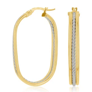 Pendientes de aro en forma de U ovalados de oro amarillo y blanco italiano de 14 K 1,4" 5 mm 2,9 gramos - Imagen 1 de 4
