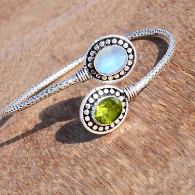 Moonstone & Fire Opal Gemstone Cuff 925 Sterling Silver Bracelet Latest Jewelry - Image 1 of 4