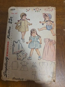 Simplicity Sewing Pattern 1809 Doll 18" Wardrobe Cut 1950s Vintage - Picture 1 of 4
