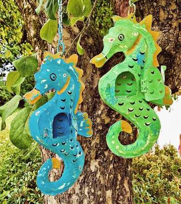 ❀ Seepferdchen Windlicht zum Hängen Türkis Grün Blau Metall Teelichthalter - Bild 1 von 3