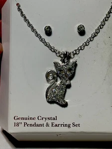 Genuine Crystal Cat Pendant On 18” Chain & Stud Earrings Silver Tone Metal - Picture 1 of 3