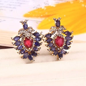 Natural Ruby Gemstone Studs 925 Silver Pave Diamond Studs Blue Sapphire Earring - Picture 1 of 3