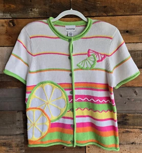 Breckenridge Embellished Summer Lemonade Cardigan Sweater Sm Green Pink Stripe - Picture 1 of 3