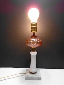 Vintage 13" Table Lamp with Marble and Milk Glass Base and Pink Glass Font EUC - Picture 1 of 6