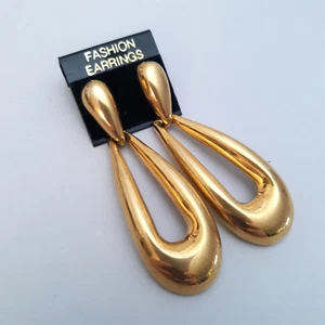 Vintage Elongated DoorKnocker Earrings Polished Gold Tone Dangles Pierced Backs - Foto 1 di 4