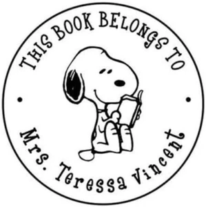 Dieses Buch gehört/Name runder Designer Snoopy Logo maßgeschneiderter Selbsttintenstempel - Bild 1 von 2