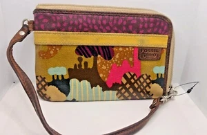 Fossil Key-Per Colorful Trees Coated Canvas Zip Wristlet Purse Card Holder - Picture 1 of 4