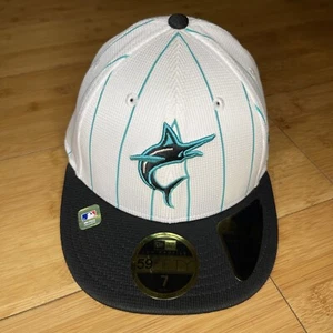 New Era Low Profile Miami Marlins Batting Practice White PinStripe Fitted 7 Hat - Picture 1 of 14