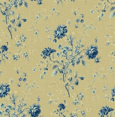 Wallpaper Blue and Beige Cottage Floral Toss on Tan Faux 56 sq ft / bolt - Image 1 of 2