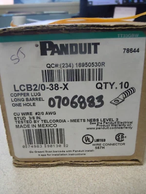 Panduit - LCB2/0-38-X - Copper Compression Lug 1 Hole 2/0 AWG Pack of 10 - Image 1 of 4