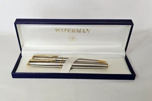 WATERMAN PARIS STAINLESS STEEL GOLD TRIM BALLPOINT PEN AND FOUNTAIN PEN SET - Picture 1 of 8
