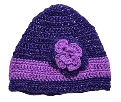 Beanie 钩针编织手工花帽女式 OS 紫色金属珠光新品 — 第 1/4 张图片