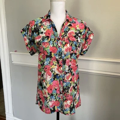 Coral Bay Small Pink Floral Button Down Short Sleeve Hawaiian Blouse Cuff Sleeve - Image 1 of 4