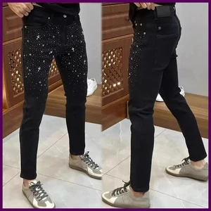 Jeans casual autunnali stile coreano elasticizzati nuovi neri con decorazioni patch - Foto 1 di 24
