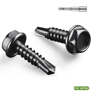 #10 x 3/4 Inch Black 410 Stainless Steel Self Drilling Screws, Hex Washer Head - Picture 1 of 6