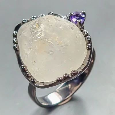 Anillo de topacio blanco natural con piedras preciosas en bruto de plata de ley 925 talla 8/R447634 Foto 1 de 4