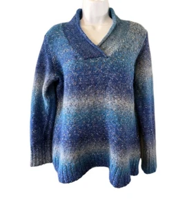 Coldwater Creek Pullover Damen 1X Blau Ombre Schalkragen Pulli Wollmischung - Bild 1 von 10