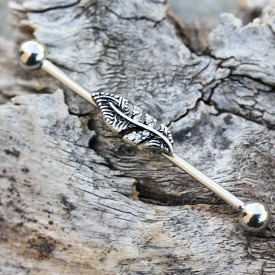 316L Stainless Steel Jeweled Leaf Industrial Barbell - Image 1 of 3