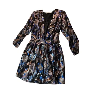 Rammy Brook Metallic Floral Mini Dress Black Blue Gold Long Sleeve Size 2 - Picture 1 of 8