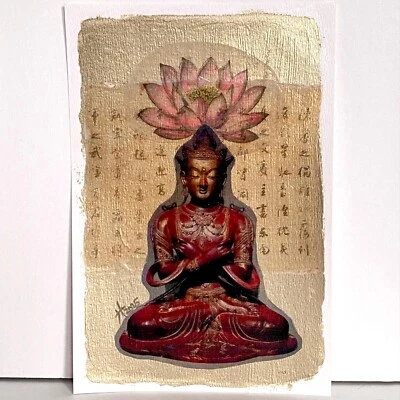 Pintura Collage Transferencia Imagen Buda Asiático Original Pose Loto 11x14 pulgadas Foto 1 de 4