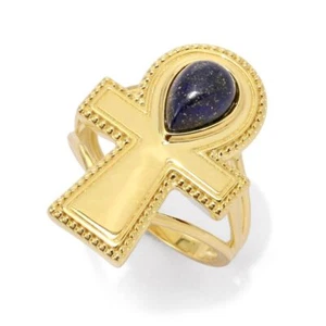Anello Croce Passaporto Egitto Placcato Oro 18K 8x6mm Forma Pera Lapislazzuli Ankh - Foto 1 di 5